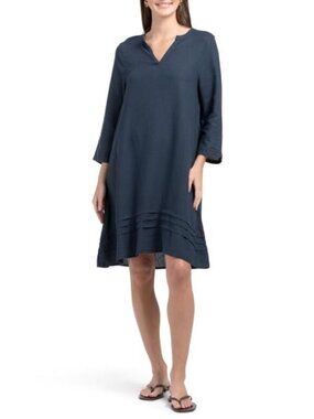 ❤️4 OUR DREAMERS Linen Blend Long Sleeve Mini Dress With Pintuck Pleats